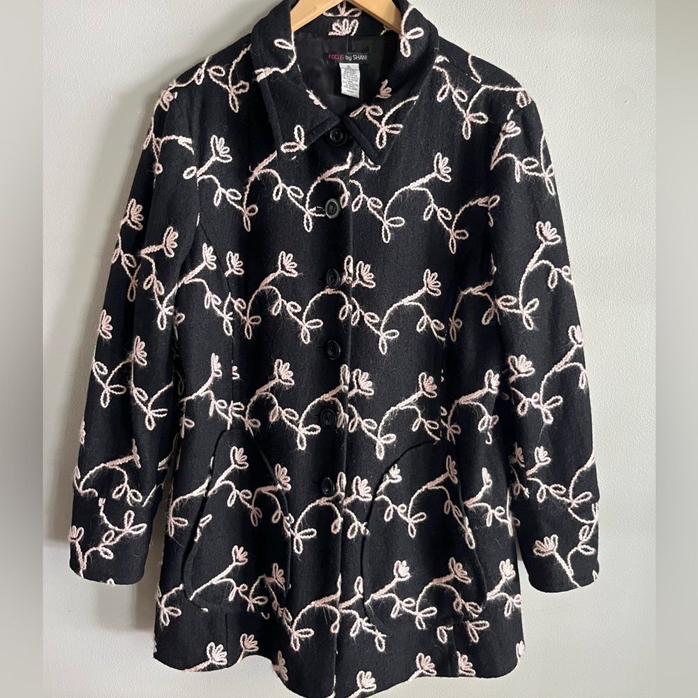 Vintage Y2K Focus by Shani Black Floral Embroidered Wool Blend Jacket XL